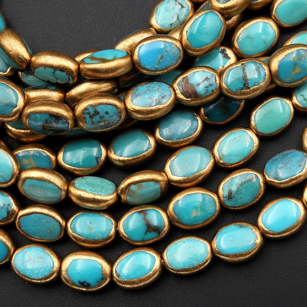Genuine Natural Turquoise Gold Copper Edging Oval Beads Choose from 5pcs, 10pcs 15.5" Strand