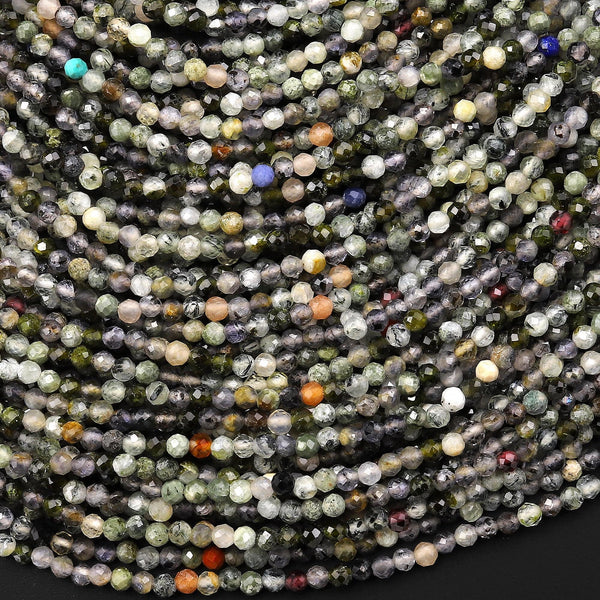 Micro Faceted Multicolor Gemstone Round Beads 2mm 3mm Green Rutile Quartz Labradorite Moonstone Laser Diamond Cut Gemstone 15.5" Strand