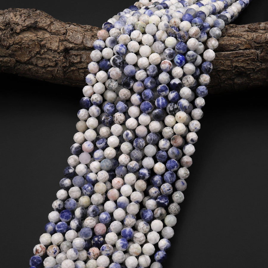 Faceted Natural White Blue Sodalite 5mm 6mm Round Beads Micro Cut Gemstone 15.5" Strand