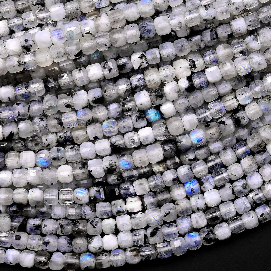 Natural Rainbow Moonstone Faceted 2mm 3mm Cube Dice Square Beads W/ Black Tourmaline Matrix 15.5" Strand