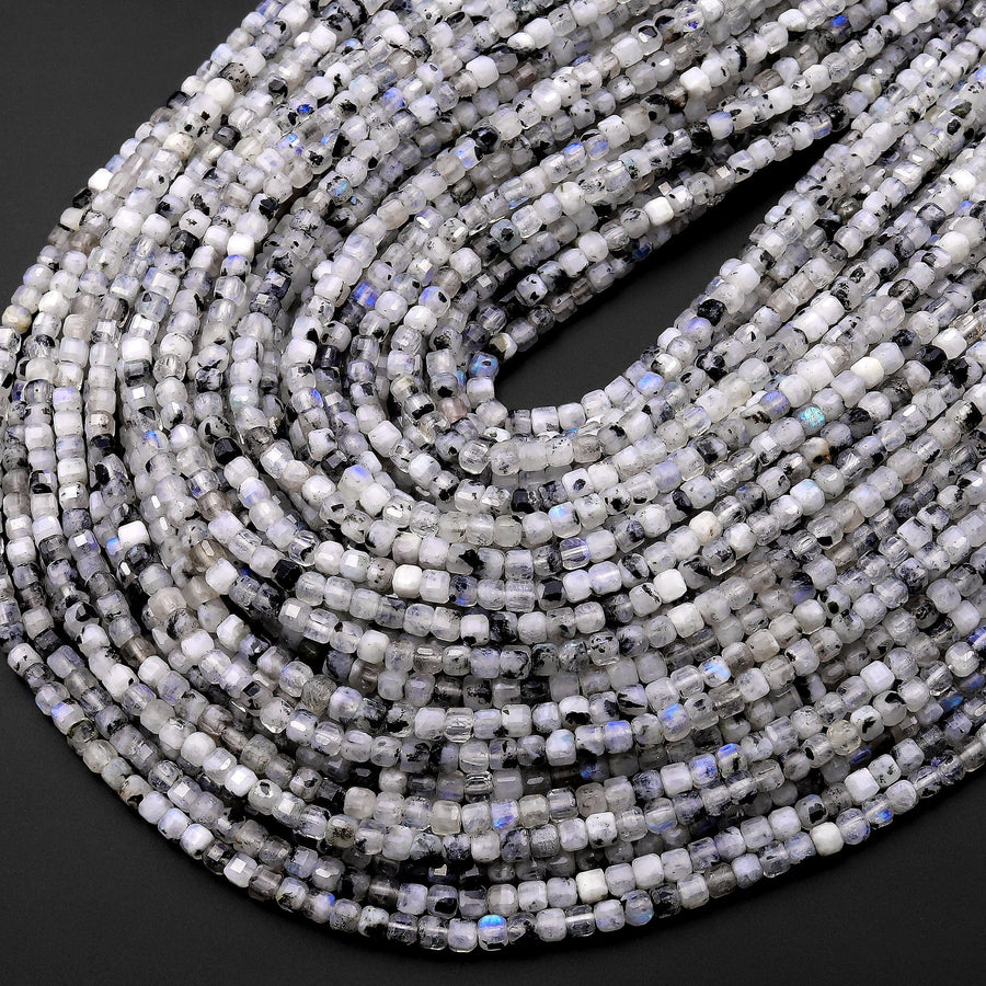 Natural Rainbow Moonstone Faceted 2mm 3mm Cube Dice Square Beads W/ Black Tourmaline Matrix 15.5" Strand
