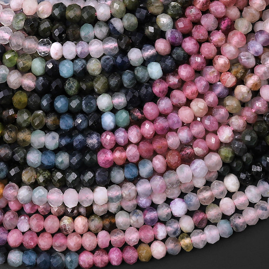 Natural Multicolor Tourmaline Micro Faceted 4mm Rondelle Beads Pink Blue Green Gemstone 15.5" Strand