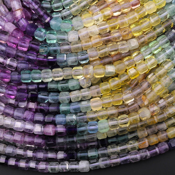 AAA Natural Fluorite Faceted 4mm Cube Square Beads Colorful Rainbow Purple Blue Green Yellow Gemstone 15.5" Strand