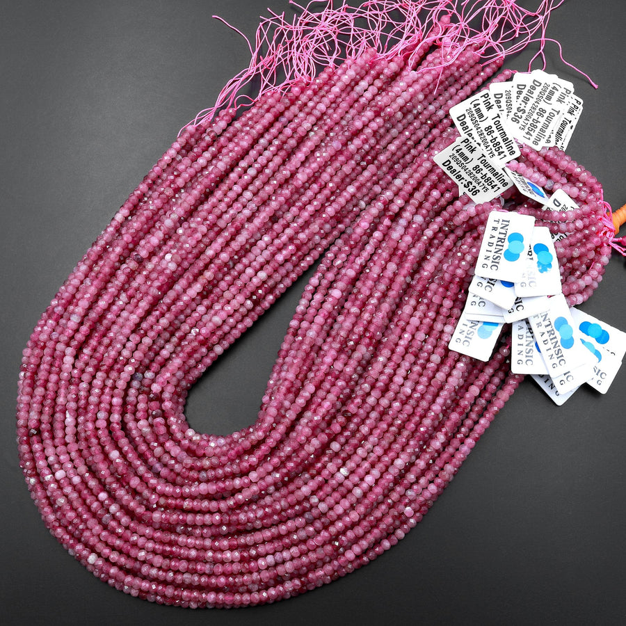AAA Faceted Natural Pink Tourmaline Rondelle 3mm 4mm Beads Diamond Cut Gemstone 15.5" Strand