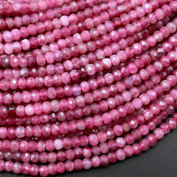 AAA Faceted Natural Pink Tourmaline Rondelle 3mm 4mm Beads Diamond Cut Gemstone 15.5" Strand