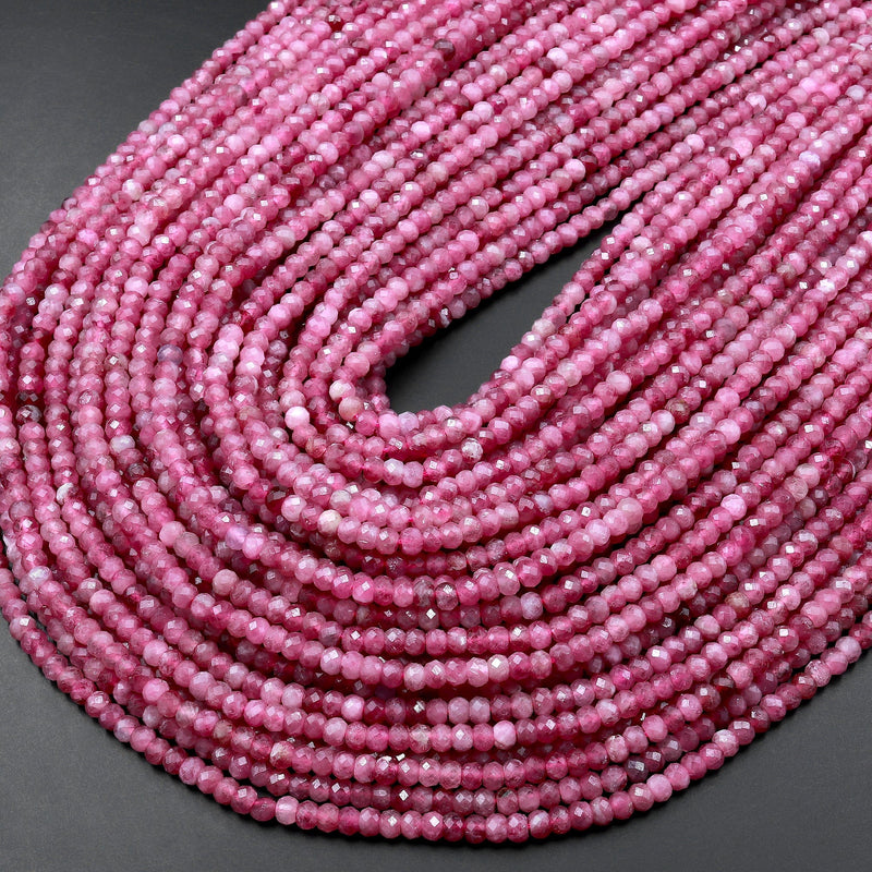 AAA Faceted Natural Pink Tourmaline Rondelle 3mm 4mm Beads Diamond Cut Gemstone 15.5" Strand