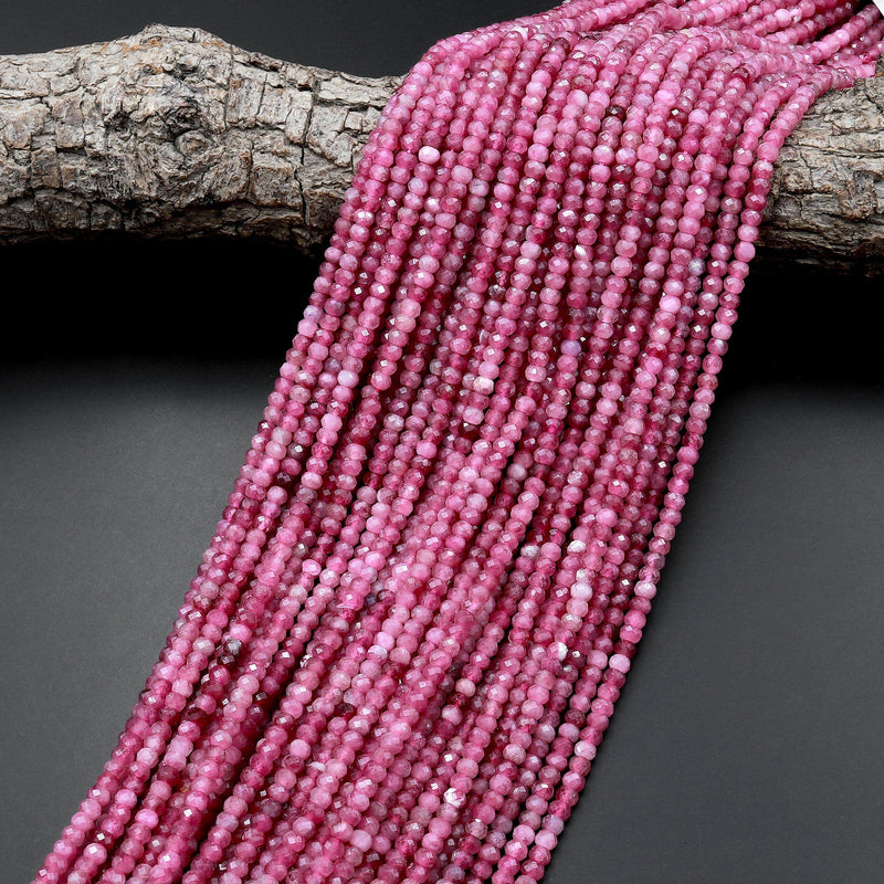AAA Faceted Natural Pink Tourmaline Rondelle 3mm 4mm Beads Diamond Cut Gemstone 15.5" Strand