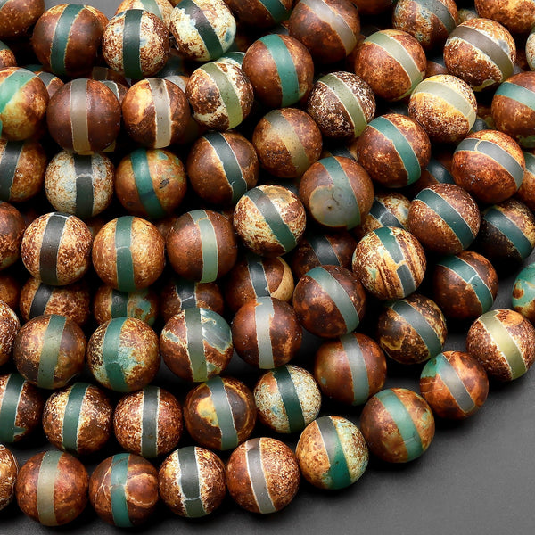 Tibetan Agate 6mm 8mm 10mm Round Beads Dzi Agate Green Brown Etched Line Ring Matte Mala Antique Boho Beads 15.5" Strand