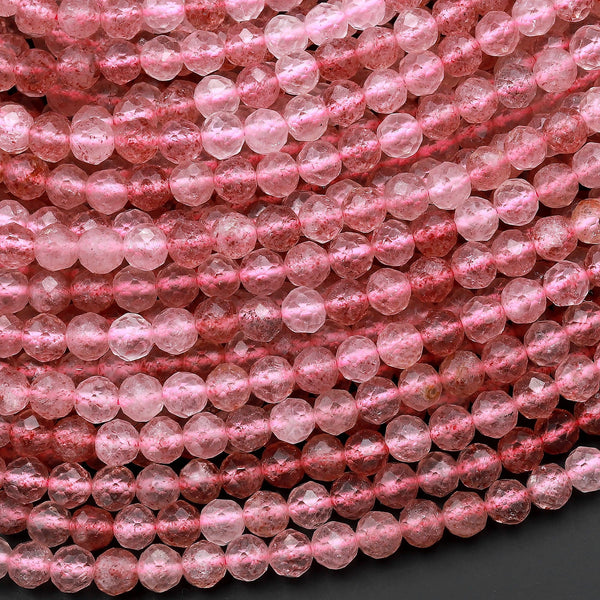 AAA Micro Faceted Natural Mauve Pink Red Strawberry Quartz 3mm 4mm Round Beads 15.5" Strand