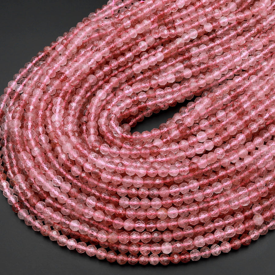 AAA Micro Faceted Natural Mauve Pink Red Strawberry Quartz 2mm 3mm 4mm Round Beads 15.5" Strand