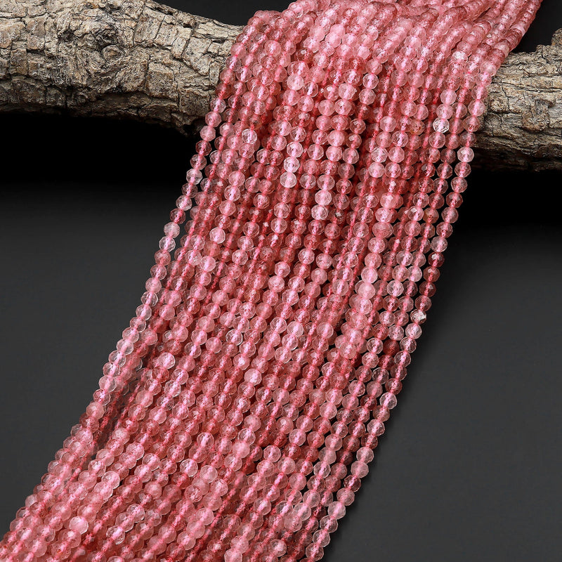 AAA Micro Faceted Natural Mauve Pink Red Strawberry Quartz 3mm 4mm Round Beads 15.5" Strand