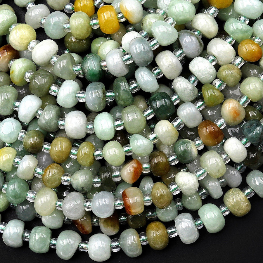 Natural Green Burma Burmese Jade Freeform 6mm 8mm Rounded Rondelle Beads 15.5" Strand