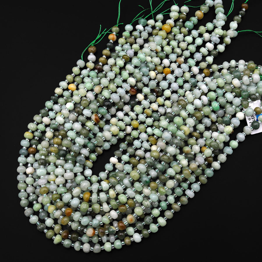 Natural Green Burma Burmese Jade Freeform 6mm 8mm Rounded Rondelle Beads 15.5" Strand