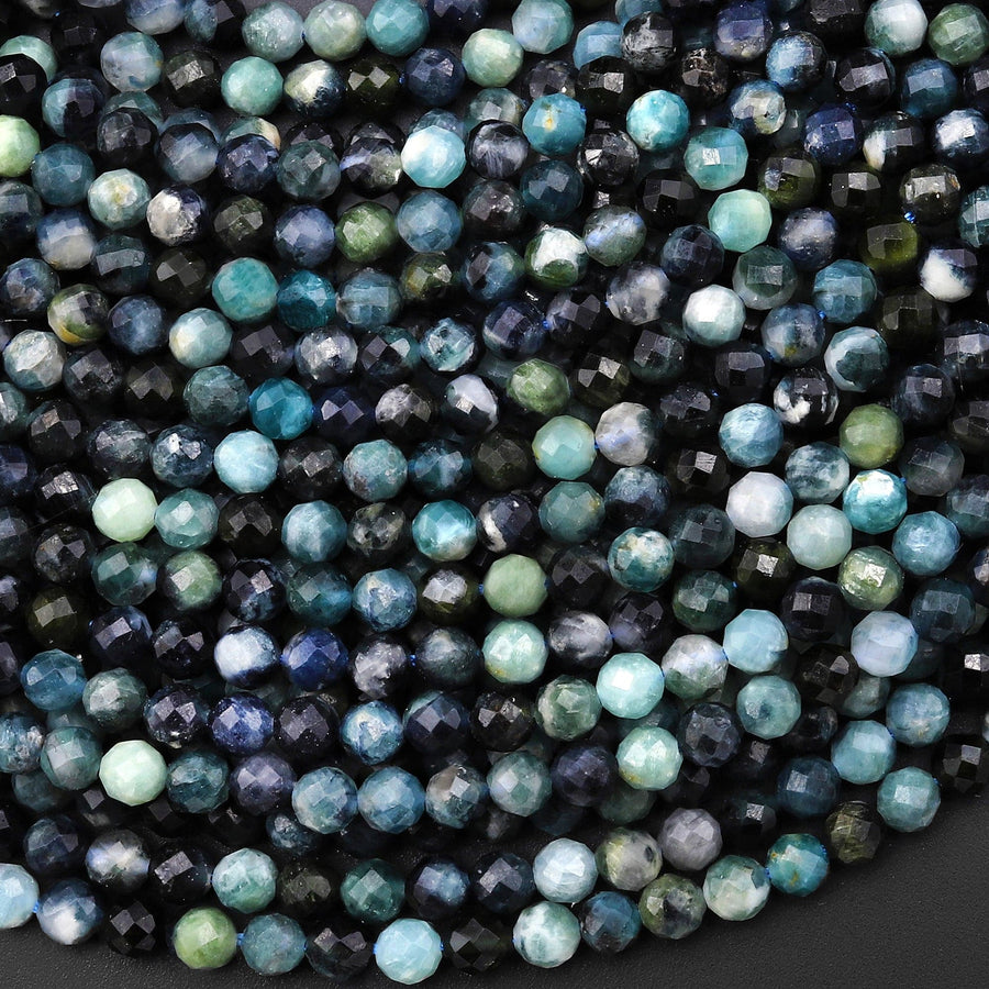 Natural Paraiba Blue Tourmaline Faceted 3mm 4mm Round Beads Indicolite Gemstone 15.5" Strand