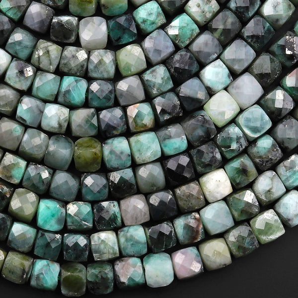 Real Genuine Natural Green Emerald 6mm Faceted Cube Beads Dice Square Gemstone 15.5" Strand