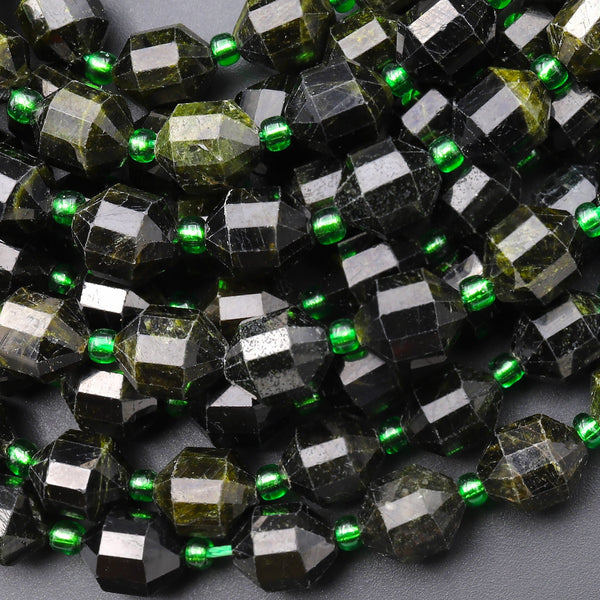 Natural Green Tourmaline Faceted 8mm Beads Energy Prism Double Terminated Points 15.5" Strand