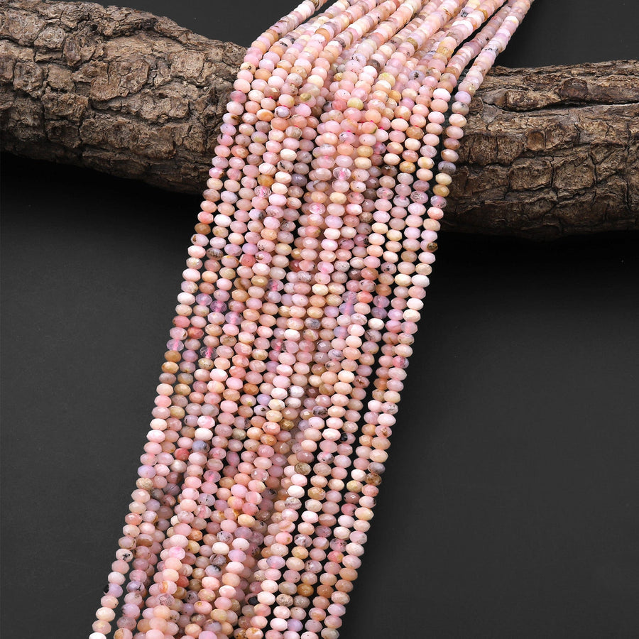 Micro Faceted Natural Peruvian Pink Opal 4mm Rondelle Beads Gemstone 15.5" Strand