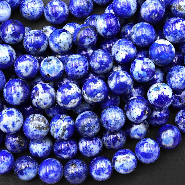 Genuine 100% Natural Blue Lapis 4mm 6mm 8mm 10mm Round Beads With White Calcite Golden Pyrite Matrix 15.5" Strand