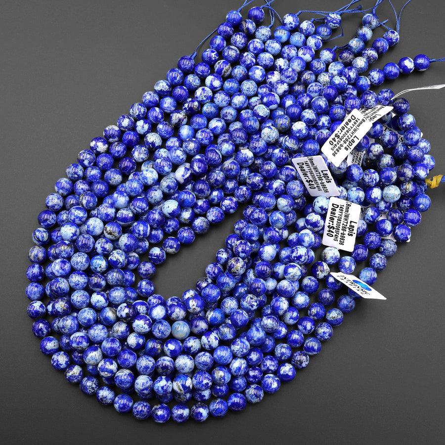 Genuine 100% Natural Blue Lapis 4mm 6mm 8mm 10mm Round Beads With White Calcite Golden Pyrite Matrix 15.5" Strand