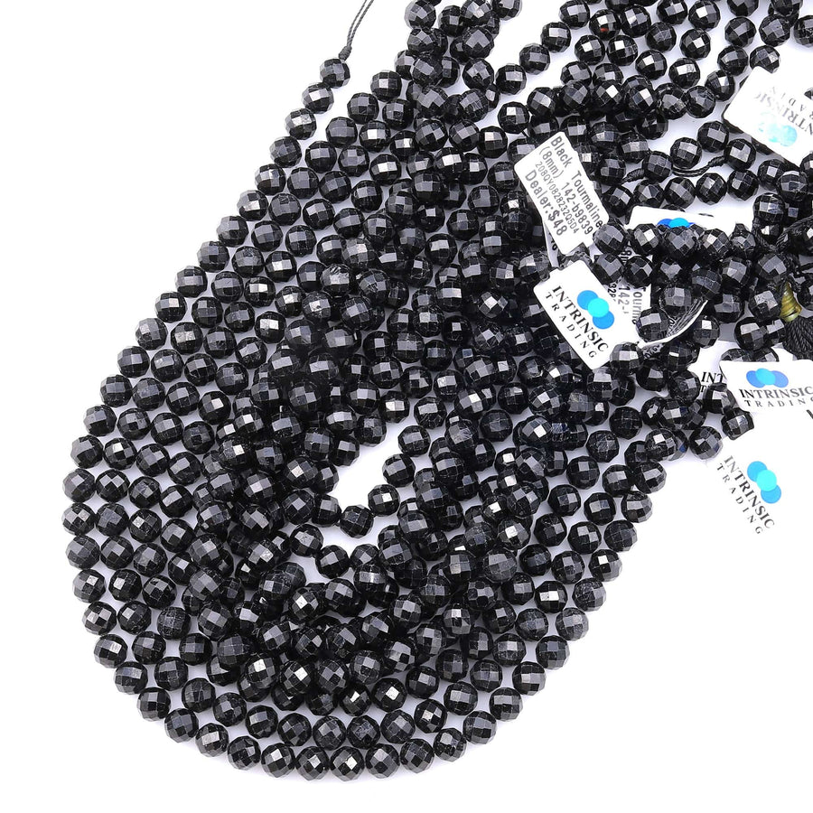 AAA Genuine Natural Black Tourmaline Beads Faceted 4mm 6mm 8mm 10mm Round Beads High Quality Sparkling Black Gemstone 15.5" Strand