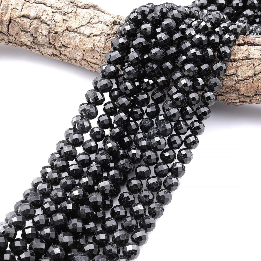 AAA Genuine Natural Black Tourmaline Beads Faceted 4mm 6mm 8mm 10mm Round Beads High Quality Sparkling Black Gemstone 15.5" Strand