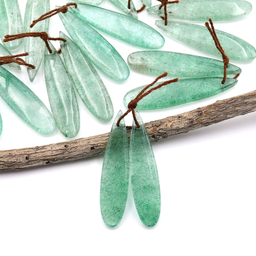 Natural African Light Green Chalcedony Earring Pair Drilled Gemstone Thin Long Teardrop Matched Beads