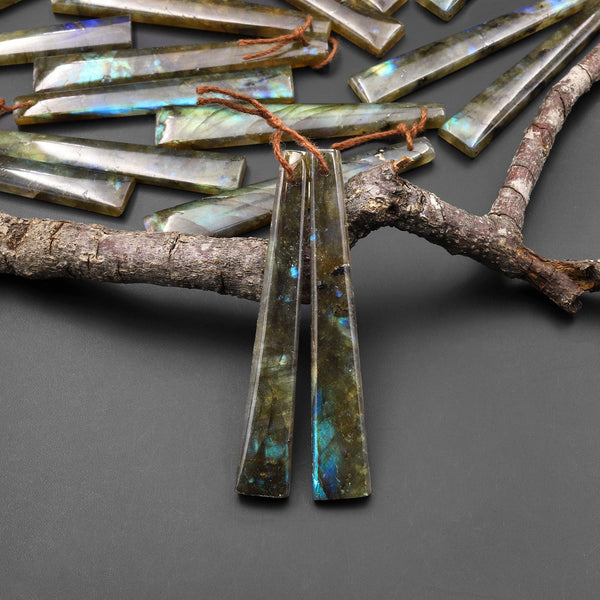 Natural Labradorite Long Thin Trapezoid Earring Pair Drilled Matched Natural Gemstone Beads