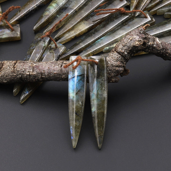 Drilled Labradorite Long Triangle Dagger Pair Matched Natural Gemstone Bead Cab