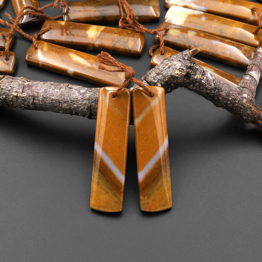 Natural Golden Brown Oregon Trail Agate Earring Pair Drilled Gemstone Cabochon Cab Pair Rectangle Matched Earring Bead Pair