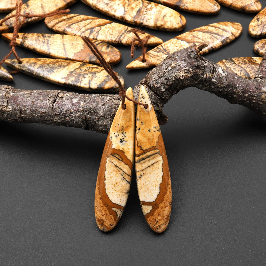 Natural Desert Picture Jasper Earring Drilled Matched Teardrop Gemstone Bead Pair