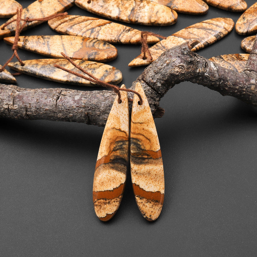 Natural Desert Picture Jasper Earring Drilled Matched Teardrop Gemstone Bead Pair