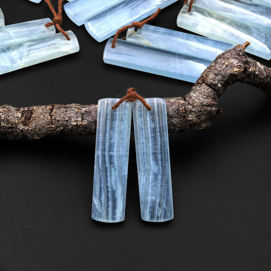 Rare Natural Blue Calcite Rectangle Earring Pairs Cabochon Cab Drilled Matched Gemstone Earrings Bead Pairs