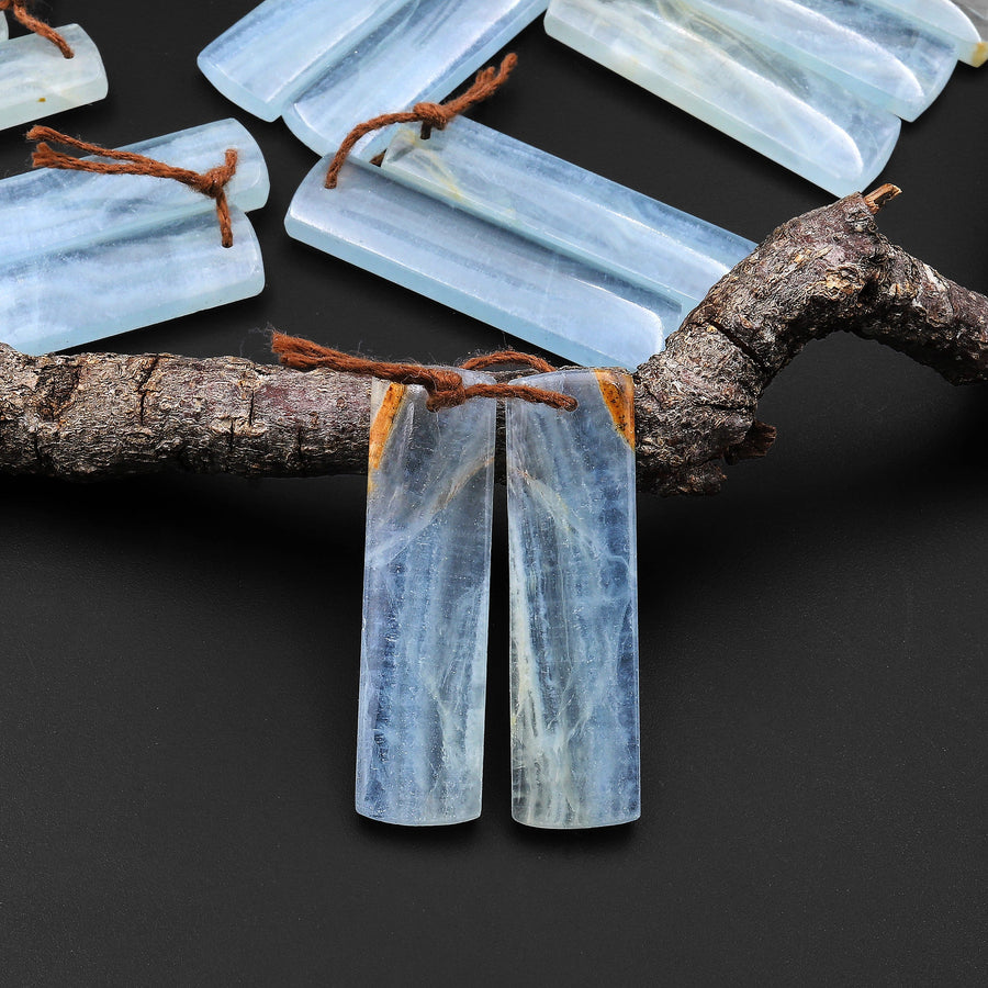 Rare Natural Blue Calcite Rectangle Earring Pairs Cabochon Cab Drilled Matched Gemstone Earrings Bead Pairs