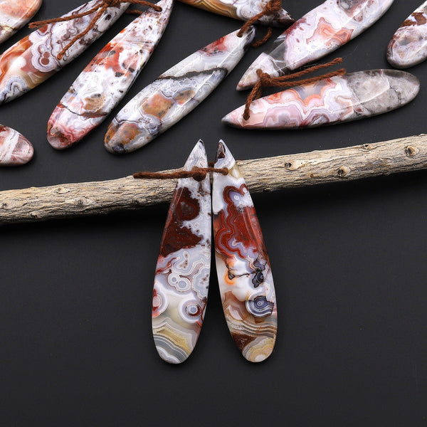 Natural Red Pink White Laguna Lace Agate Long Slender Teardrop Earring Drilled Matched Gemstone Bead Pair