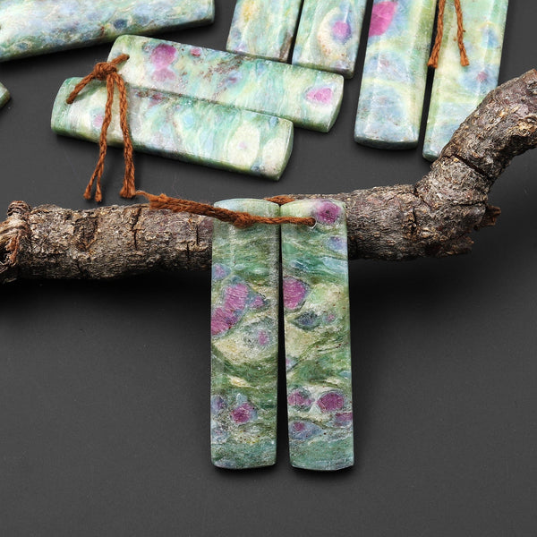 Natural Ruby Fuchsite Earring Pair Drilled Rectangle Matched Gemstone Beads "Monet Water Lilies"