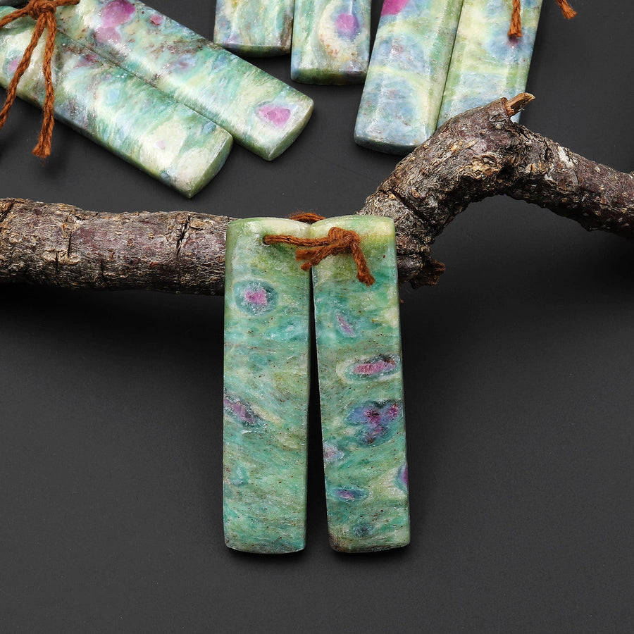 Natural Ruby Fuchsite Earring Pair Drilled Rectangle Matched Gemstone Beads "Monet Water Lilies"