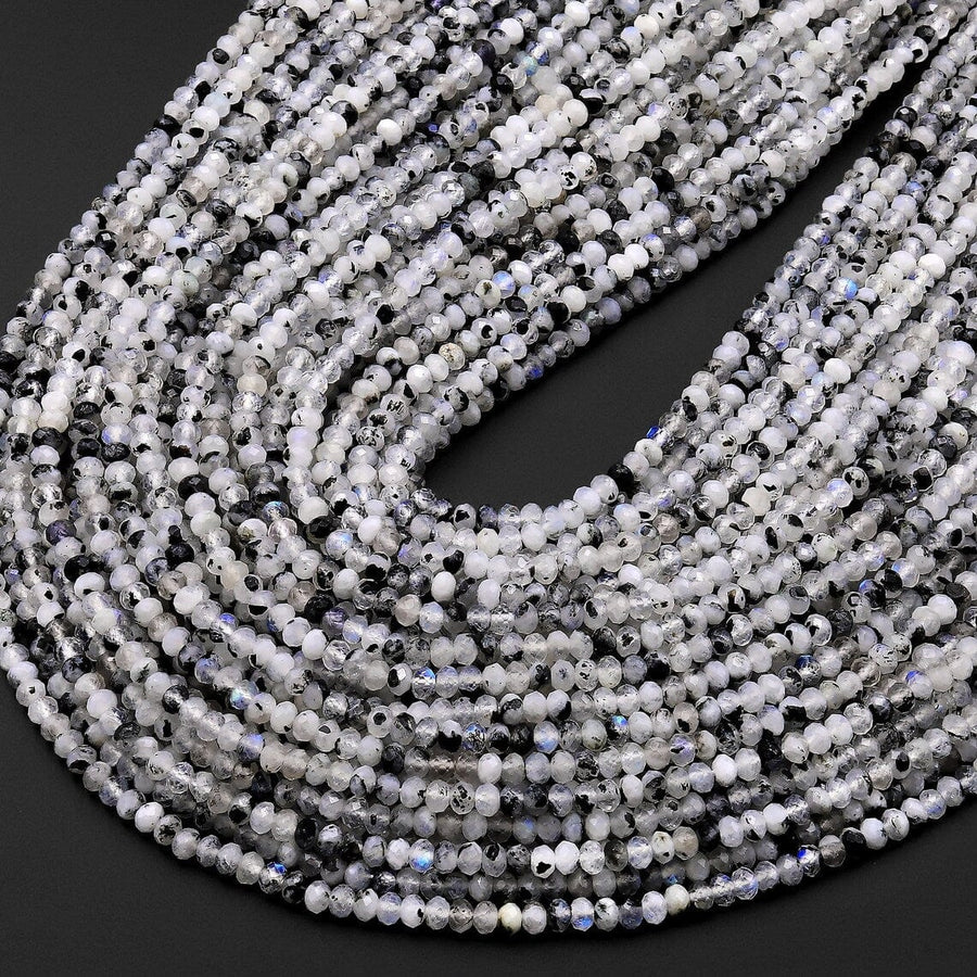 Micro Faceted Natural Rainbow Moonstone Rondelle Beads 3mm 4mm 15.5" Strand