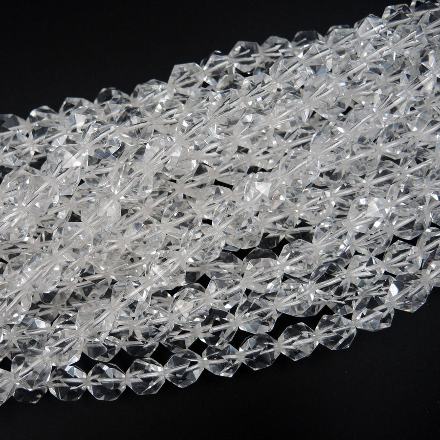 Faceted Quartz Beads Star Cut Geometric Stone 6mm 8mm 10mm 12mm 15" Strand