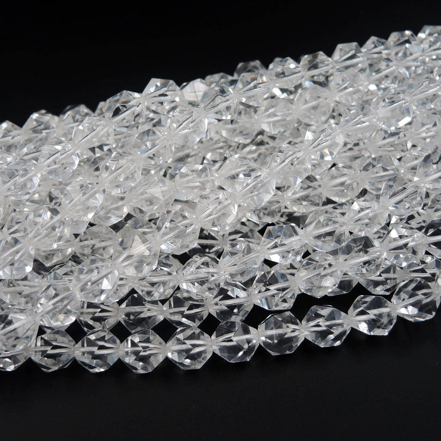Faceted Quartz Beads Star Cut Geometric Stone 6mm 8mm 10mm 12mm 15" Strand