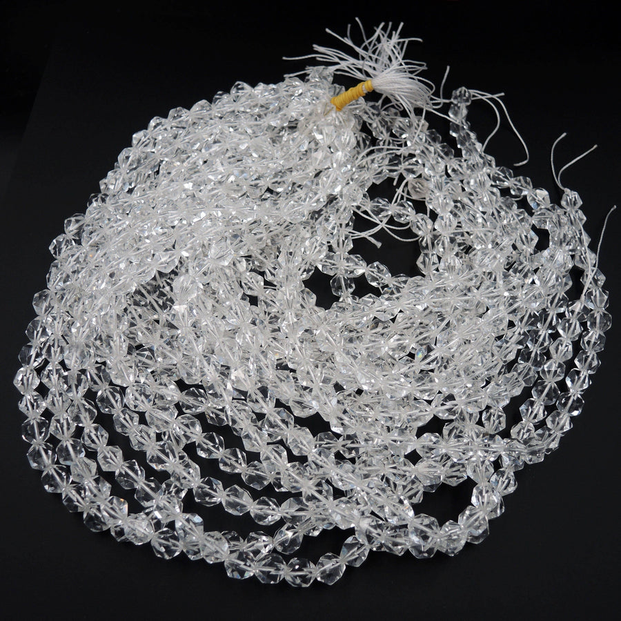 Faceted Quartz Beads Star Cut Geometric Stone 6mm 8mm 10mm 12mm 15" Strand