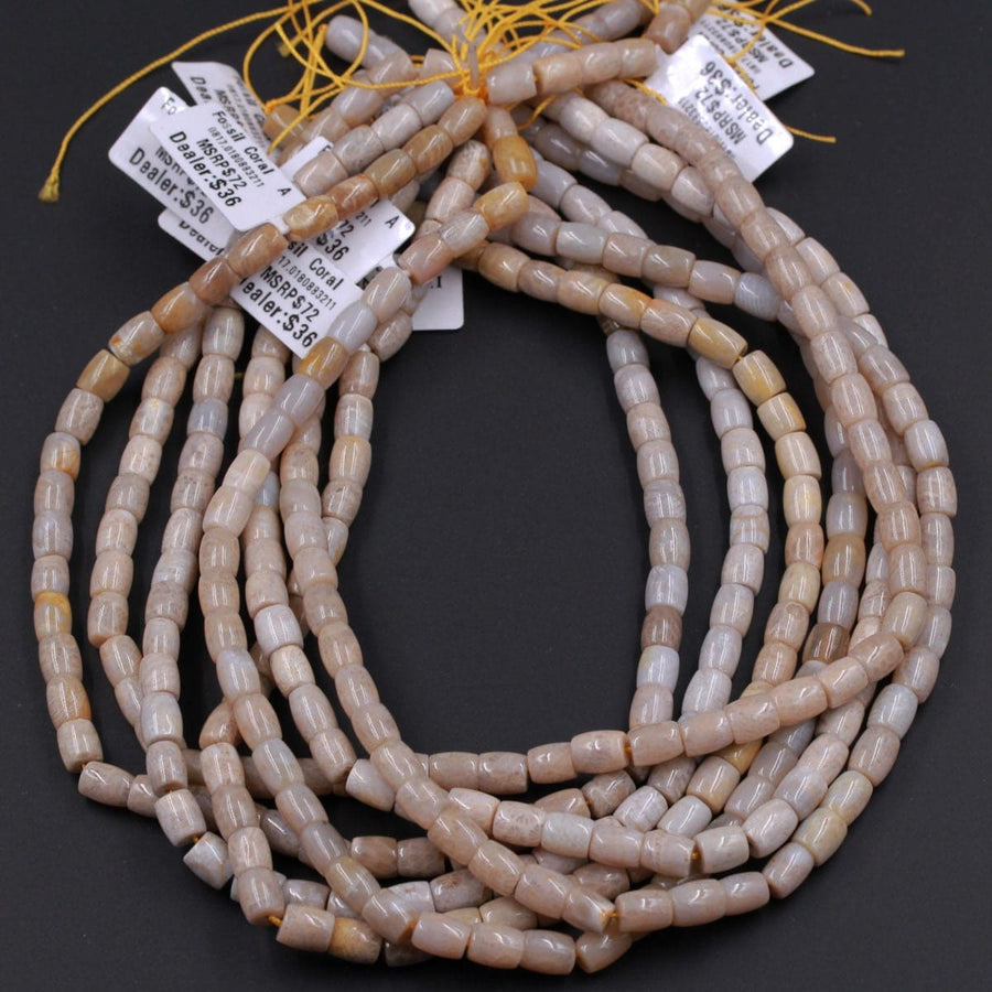 change photo A Grade Natural Fossil Coral Smooth Cylinder Drum Barrel Beads 8mm Beige Gray Beads 15.5" Strand