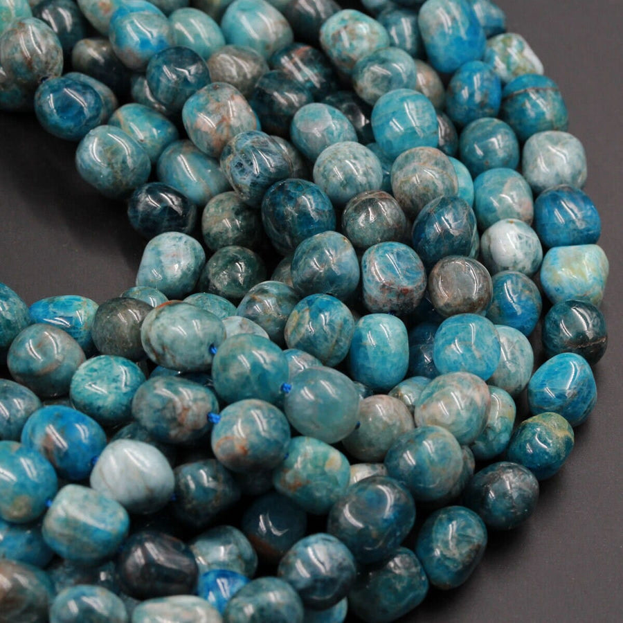 Blue Apatite Beads Freeform Puffy Rounded Nugget Pebble NaturalTeal Blue Semi Precious Gemstone 15.5" Strand