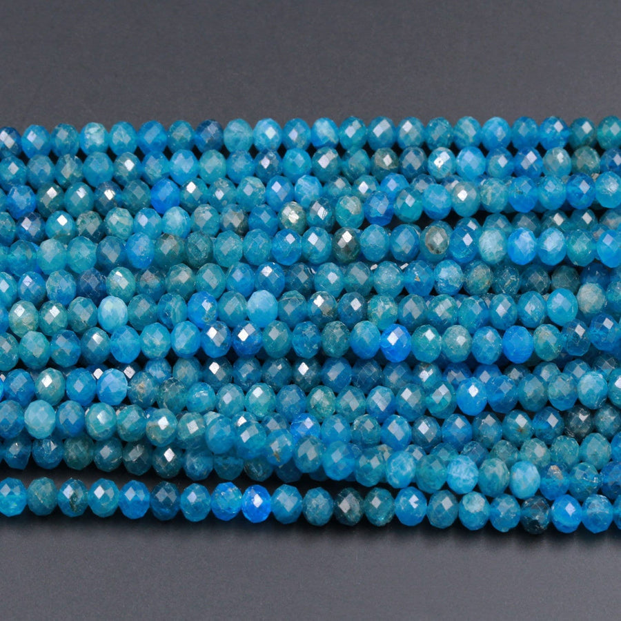 Micro Faceted Natural Blue Apatite Round Rondelle Beads 6mm Laser Diamond Cut Neon Teal Blue Green Gemstone Sparkling 15.5" Strand