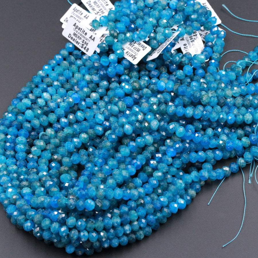 Micro Faceted Natural Blue Apatite Round Rondelle Beads 6mm Laser Diamond Cut Neon Teal Blue Green Gemstone Sparkling 15.5" Strand