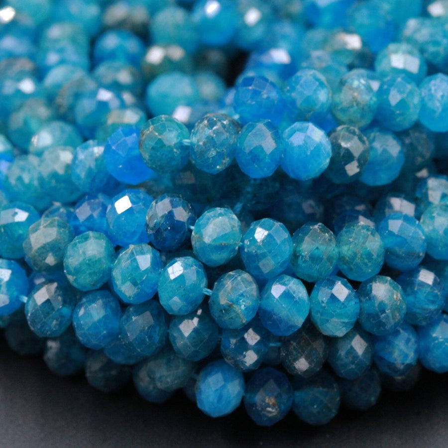 Micro Faceted Natural Blue Apatite Round Rondelle Beads 6mm Laser Diamond Cut Neon Teal Blue Green Gemstone Sparkling 15.5" Strand
