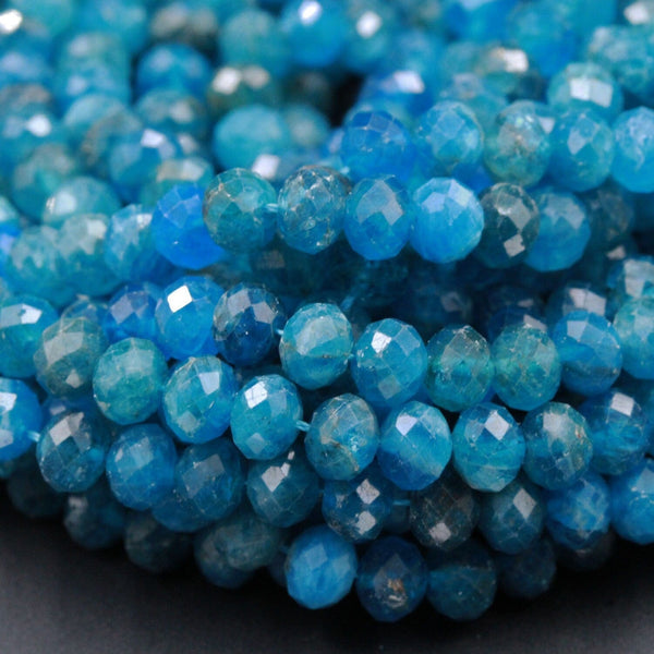 Micro Faceted Natural Blue Apatite Round Rondelle Beads 6mm Laser Diamond Cut Neon Teal Blue Green Gemstone Sparkling 15.5" Strand