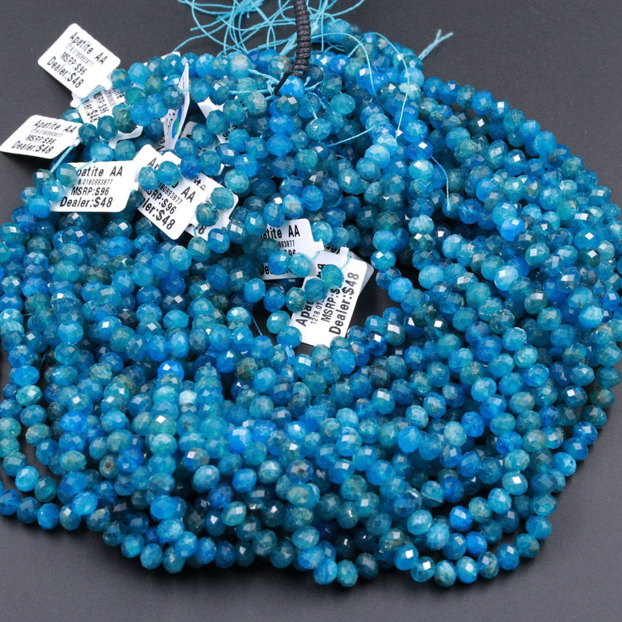 Micro Faceted Natural Blue Apatite Round Rondelle Beads 6mm Laser Diamond Cut Neon Teal Blue Green Gemstone Sparkling 15.5" Strand