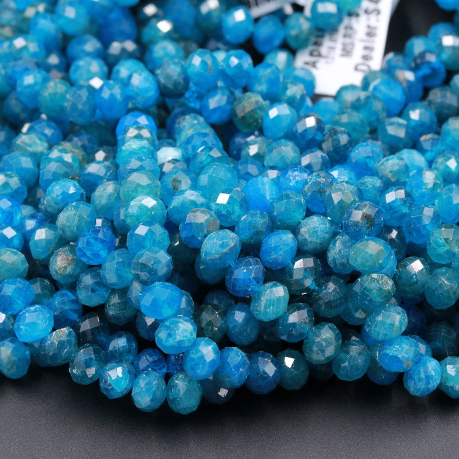 Micro Faceted Natural Blue Apatite Round Rondelle Beads 6mm Laser Diamond Cut Neon Teal Blue Green Gemstone Sparkling 15.5" Strand