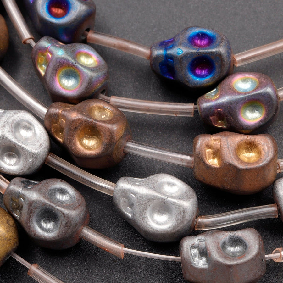 Matte Titanium Hematite Carved Skull Beads 10mm Finish Bronze Gold Gunmetal Black Silver Rainbow Copper Colors  15.5" Strand