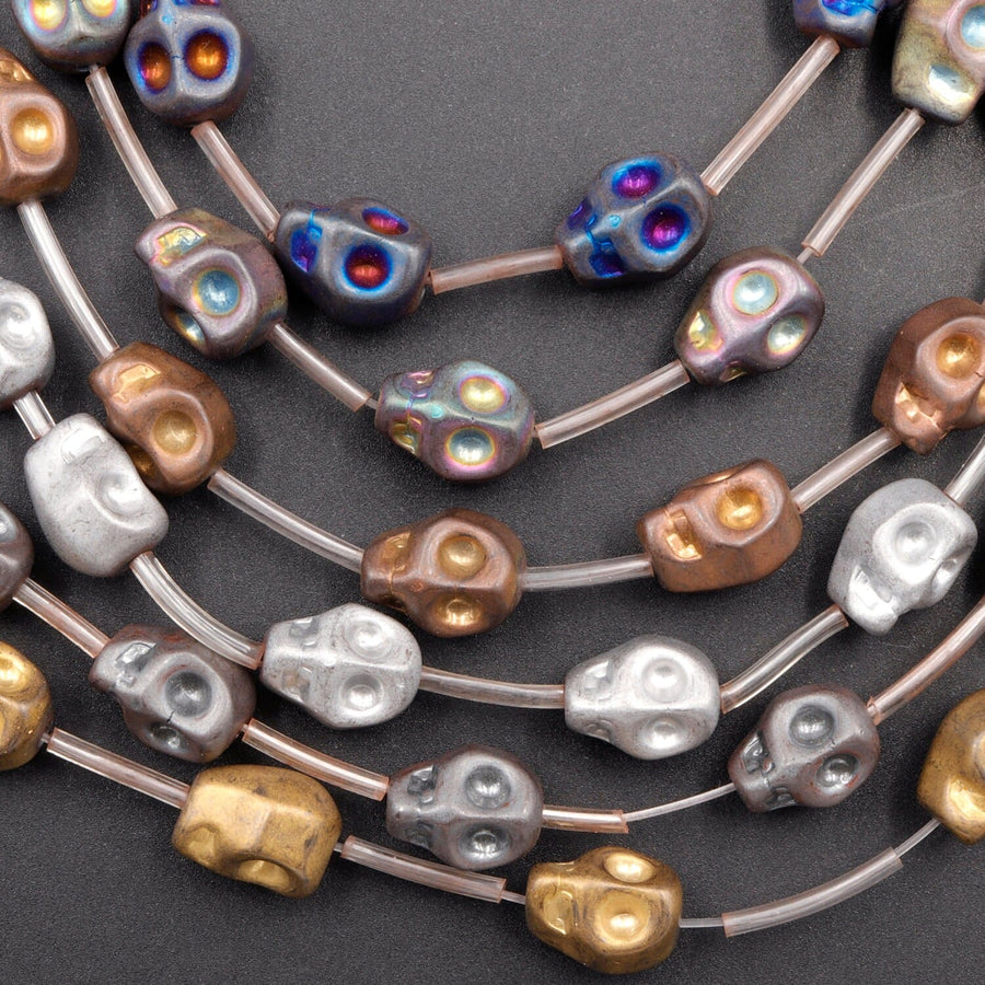 Matte Titanium Hematite Carved Skull Beads 10mm Finish Bronze Gold Gunmetal Black Silver Rainbow Copper Colors  15.5" Strand